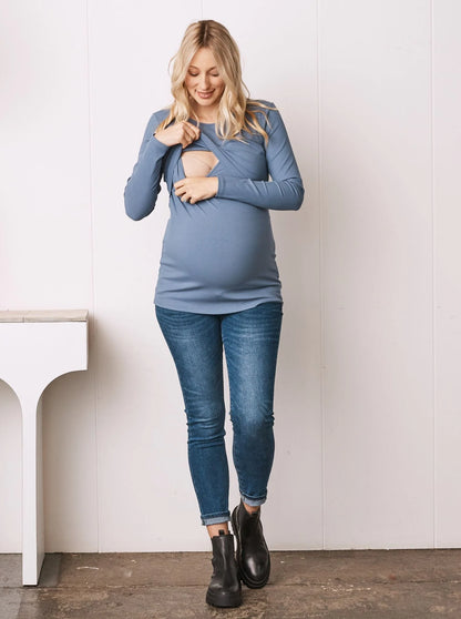 Long Sleeve Maternity & Nursing Top - Blue