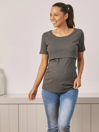 Short Sleeve Maternity & Nursing Top - Charcoal