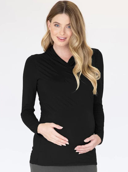 Maternity V-Neck Crossover Bamboo Long Sleeve Top - Black