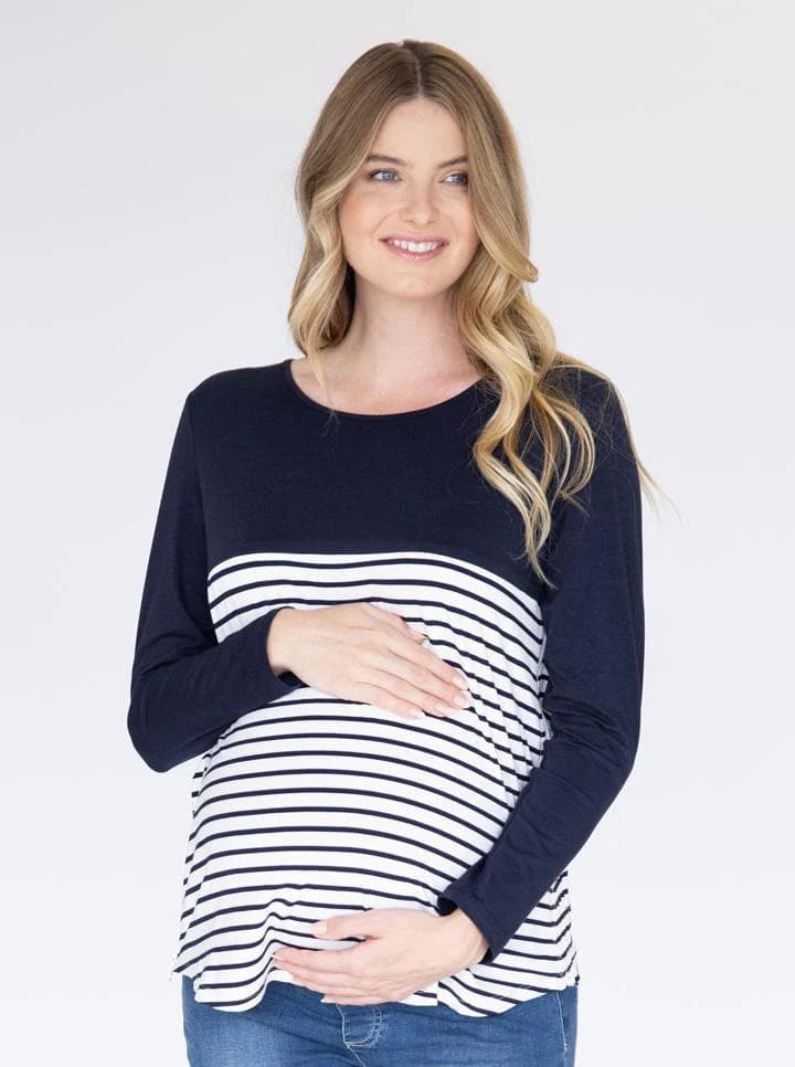 Maternity Zipper Nursing Long Sleeve Top - Navy Stripe