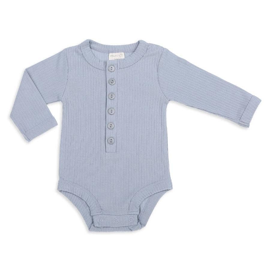 Ribbed Organic Button Long Sleeve Romper - Cloudy Blue